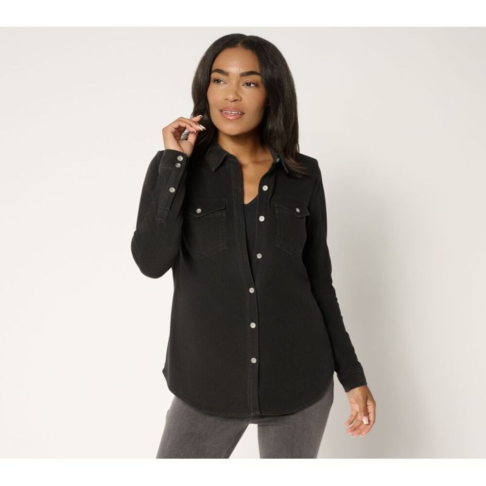 Susan Graver Women's Top Sz M Cool Touch Denim Button Front Shirt Black